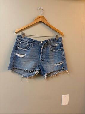 Edwin Light Blue Distressed Denim Cutoff Shorts